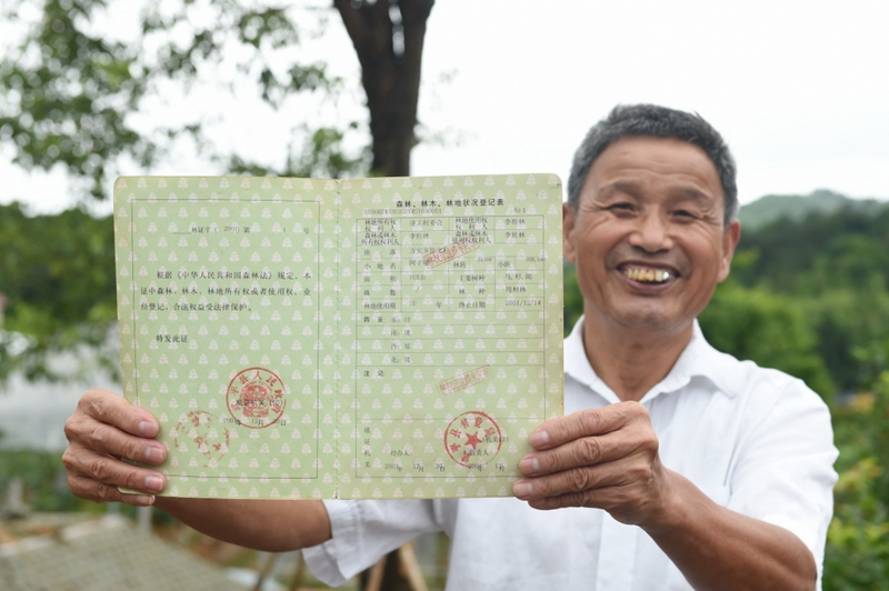 2017年6月13日，福建武平縣萬安鎮(zhèn)捷文村村民李桂林展示林權(quán)改革后領(lǐng)到的全國第一本新式林權(quán)證。