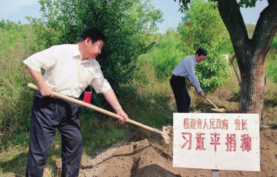 2001年10月，習(xí)近平在龍巖市長(zhǎng)汀縣調(diào)研水土流失治理工作，在河田世紀(jì)生態(tài)園為樹培土。圖源：《習(xí)近平在福建（下）》