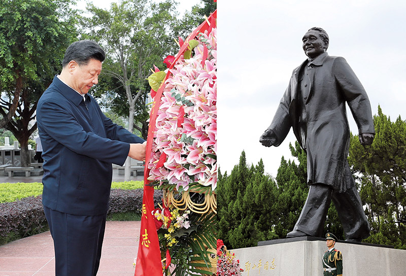 2020年10月14日，習(xí)近平總書記向深圳蓮花山公園鄧小平同志銅像敬獻(xiàn)花籃。